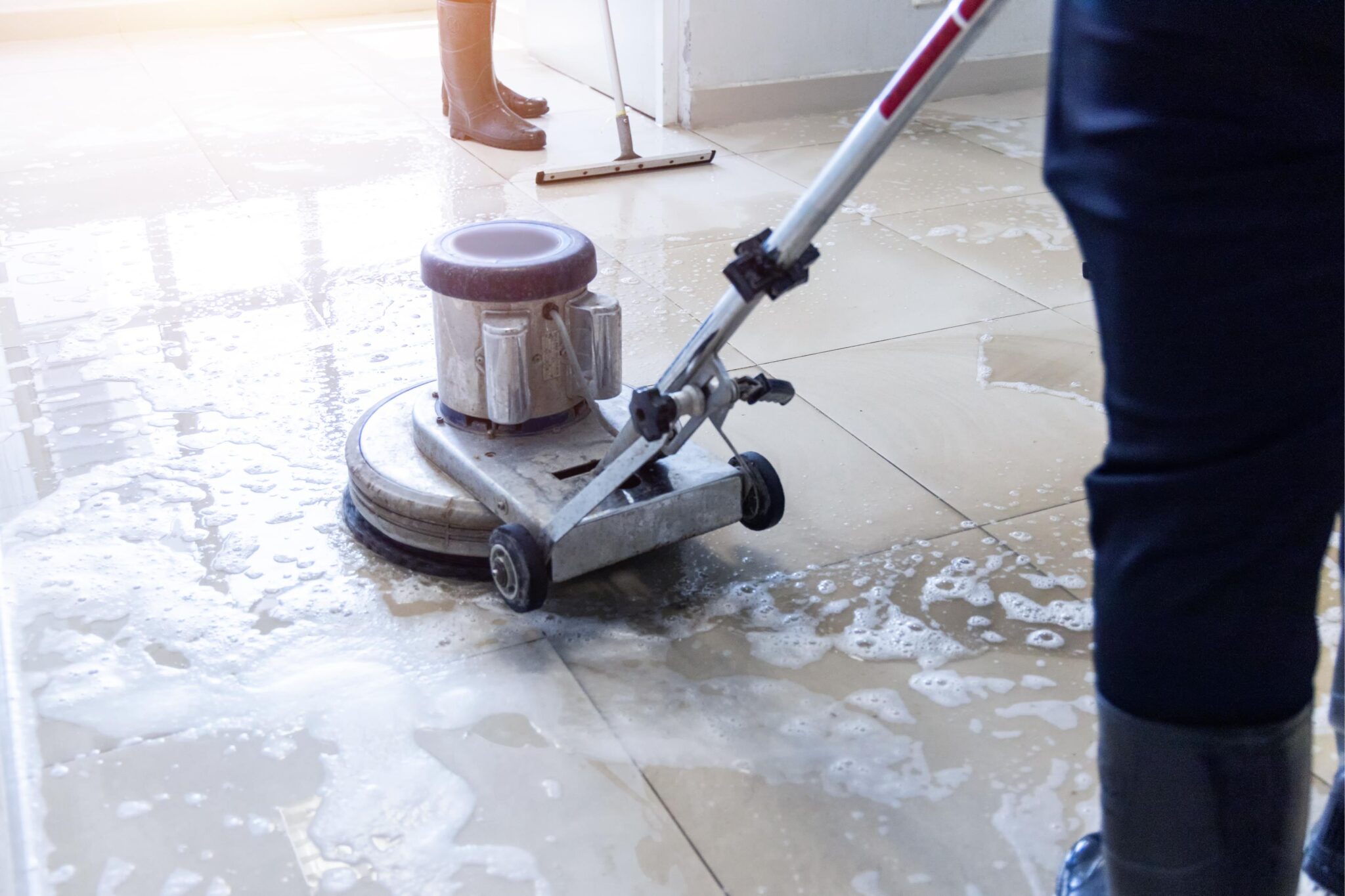 Person using a floor cleaning machine on soapy tiles, with another person in the background using a mop.